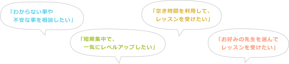 「わからない事や不安な事を相談したい」,「短期集中で、一気にレベルアップしたい」,「空き時間を利用して、レッスンを受けたい」,「お好みの先生を選んでレッスンを受けたい」